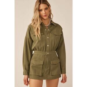 idem ditto Mara Utility Denim Jumper Long Sleeve Shorts Romper Olive Green NEW